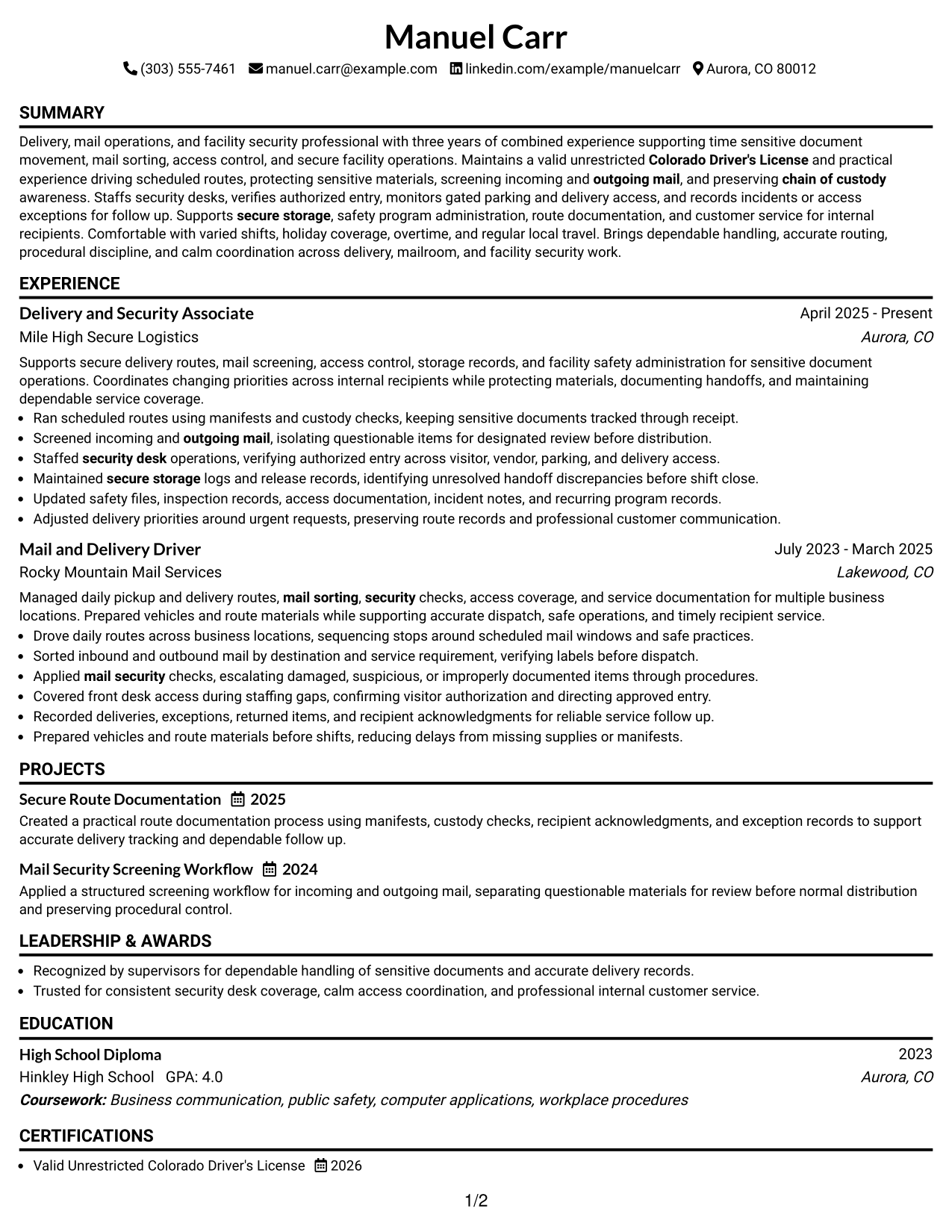 Resume Example Page 1