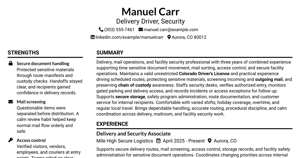 7 Delivery Driver, Security Resume Templates with Example