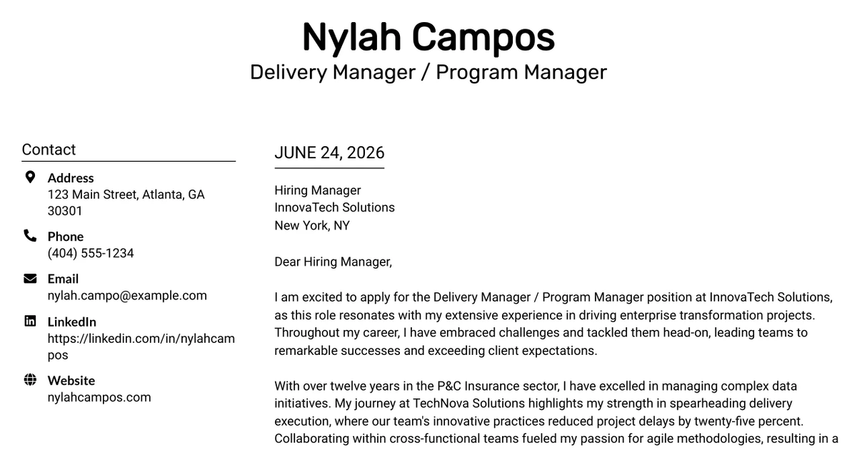 30+ Delivery Manager / Program Manager Cover Letter Templates with Example 2026