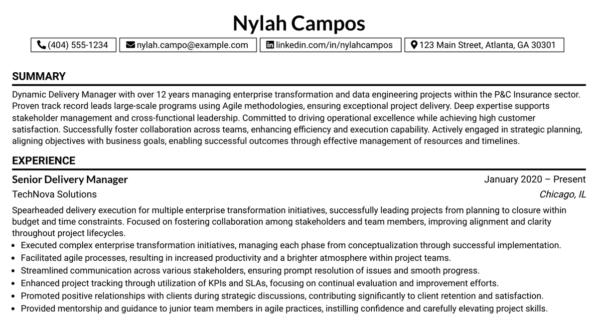 33 Delivery Manager / Program Manager Resume Templates with Example 2026 (ATS-Optimized)