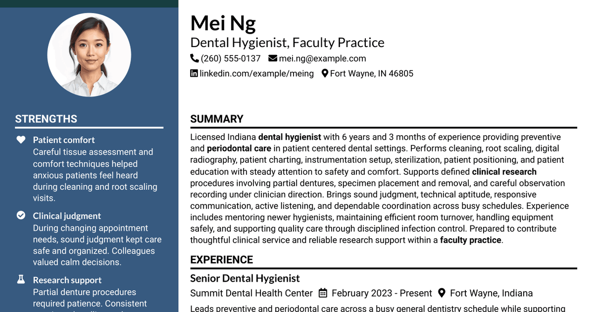 7 Dental Hygienist, Faculty Practice Resume Templates with Example
