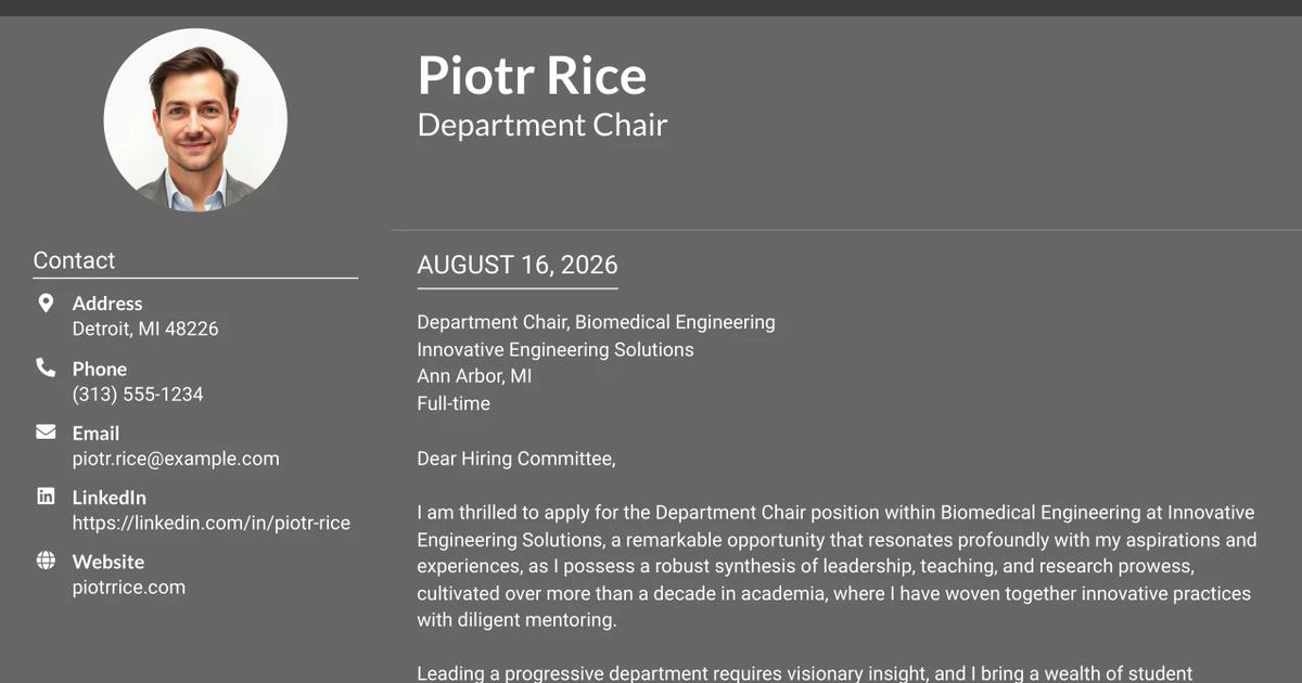 30+ Department Chair, Biomedical Engineering Cover Letter Templates with Example 2026