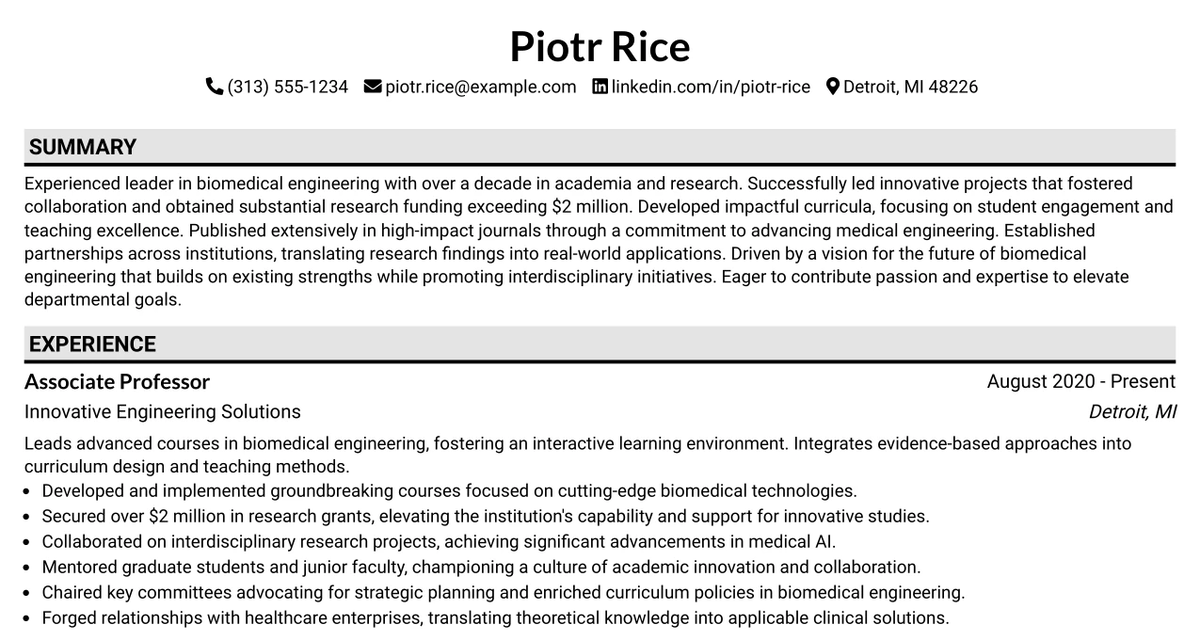 33 Department Chair, Biomedical Engineering Resume Templates with Example 2026 (ATS-Optimized)