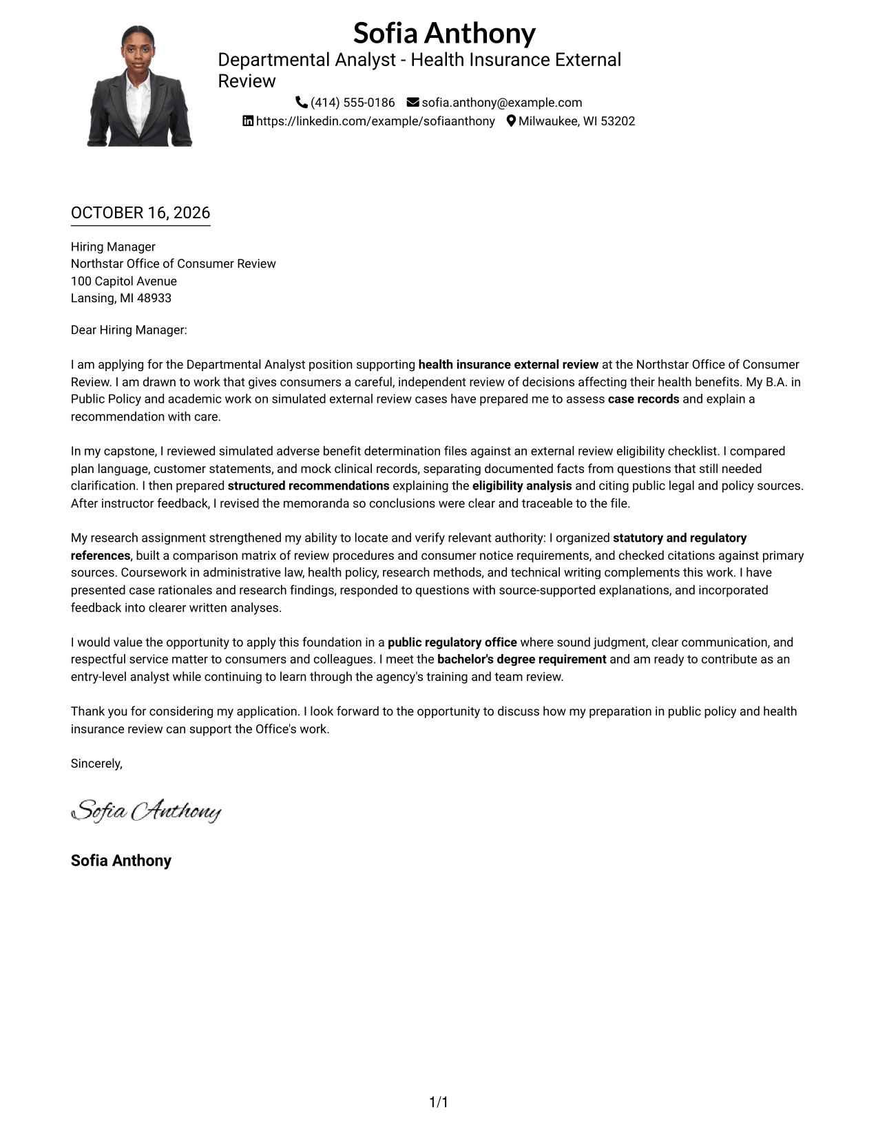 Cover letter example — page 1