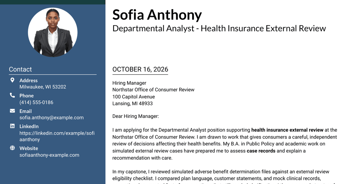 7 Departmental Analyst - Health Insurance External Review Cover Letter Templates with Example