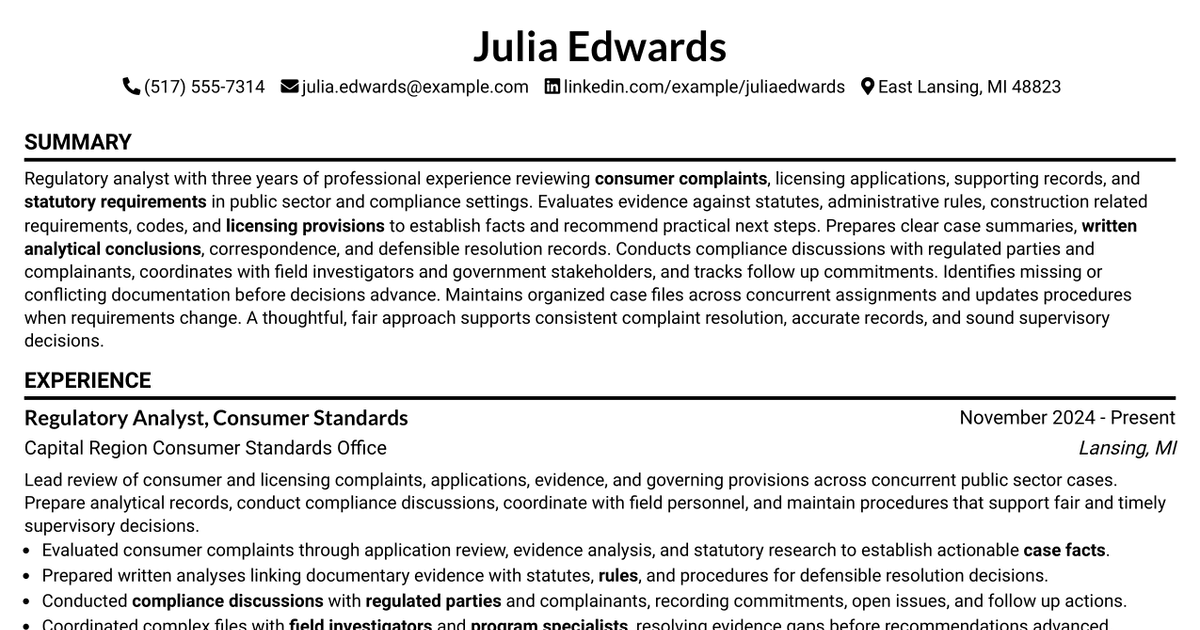 7 Departmental Analyst - Regulatory Complaint Resolution Resume Templates with Example