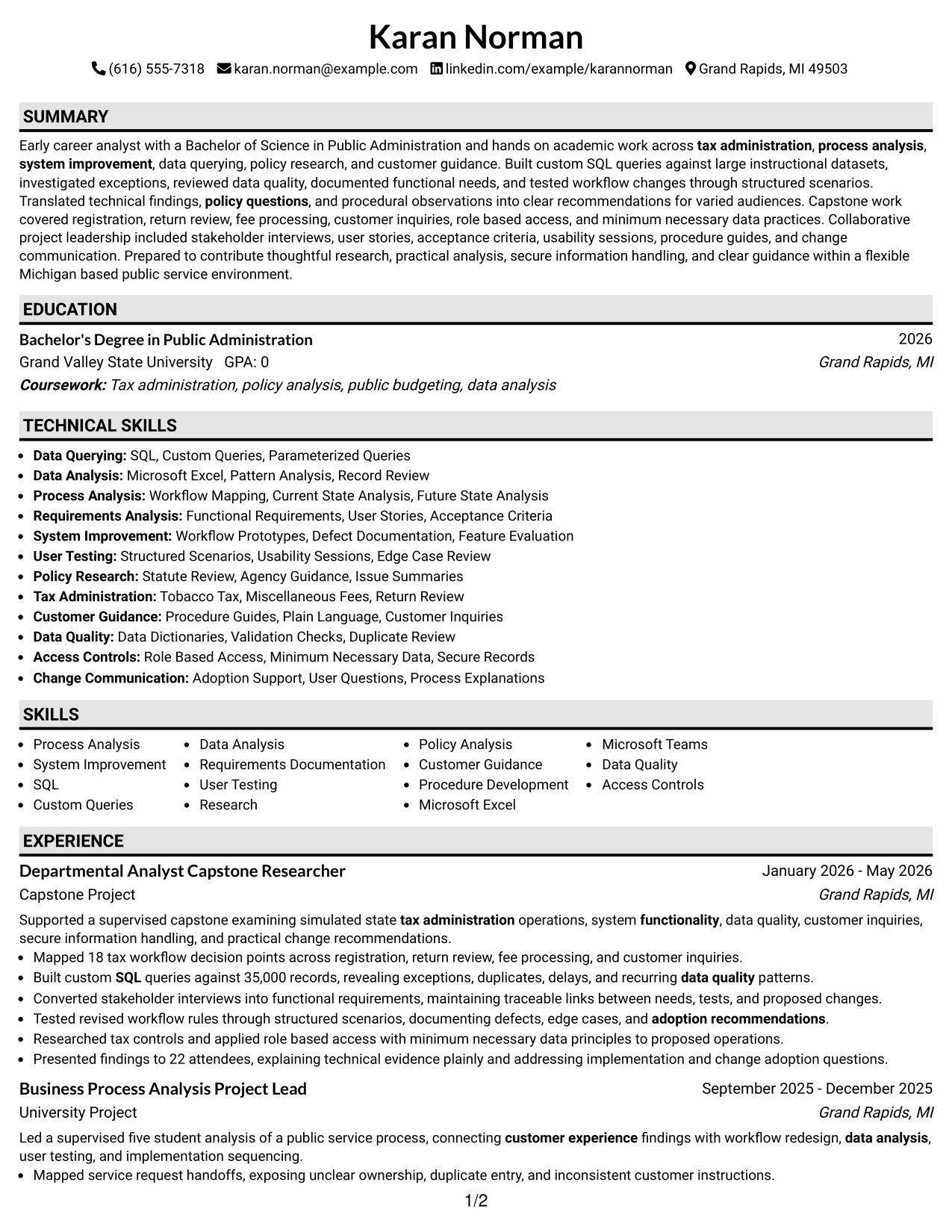 Resume Example Page 1