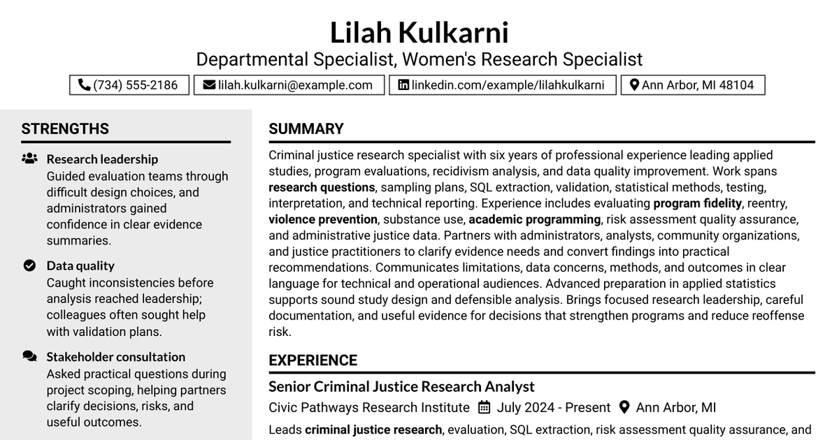 7 Departmental Specialist - Women’s Research Specialist Resume Templates with Example