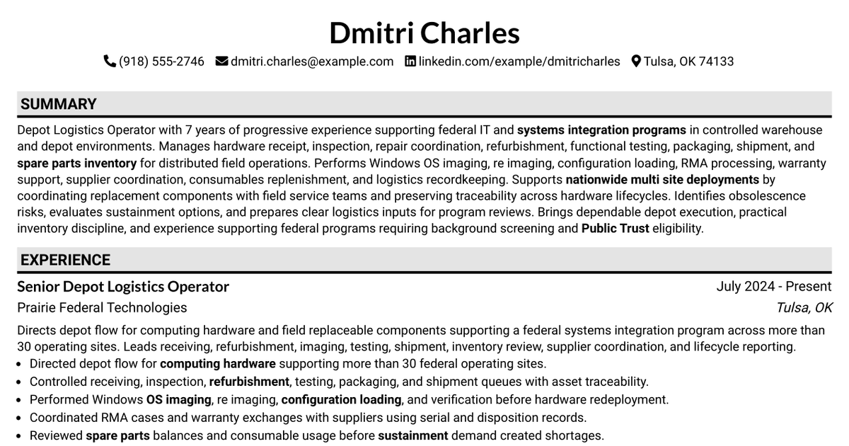 7 Depot Logistics Operator - Federal Systems Support Resume Templates with Example