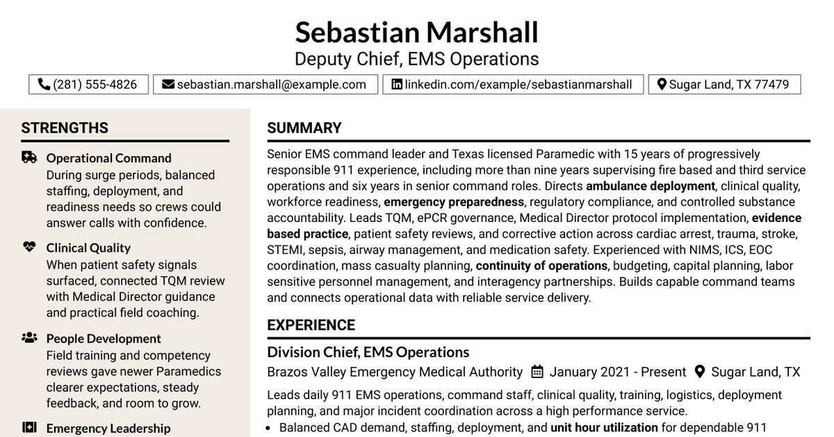 7 Deputy Chief - Operations (EMS) Resume Templates with Example