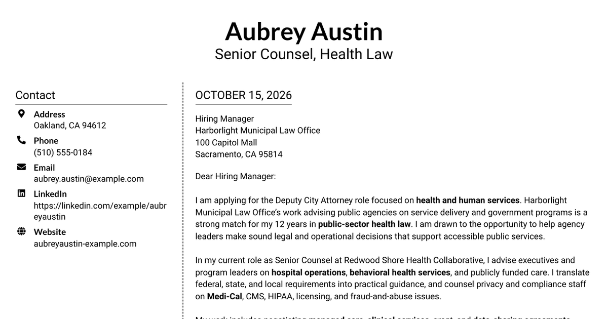 7 Deputy City Attorney - Health and Human Services Cover Letter Templates with Example