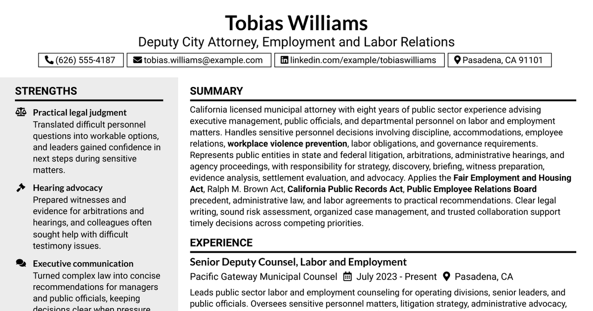 7 Deputy City Attorney II/III - Employment/Labor Relations Resume Templates with Example