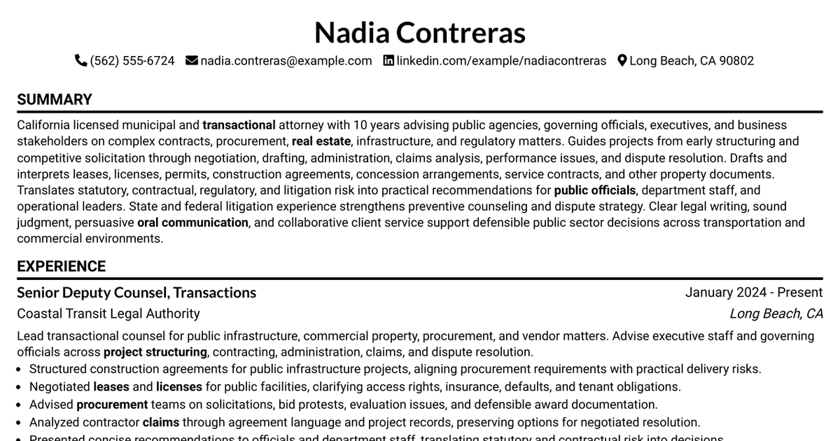 7 Deputy City Attorney II/III - Transactional Resume Templates with Example