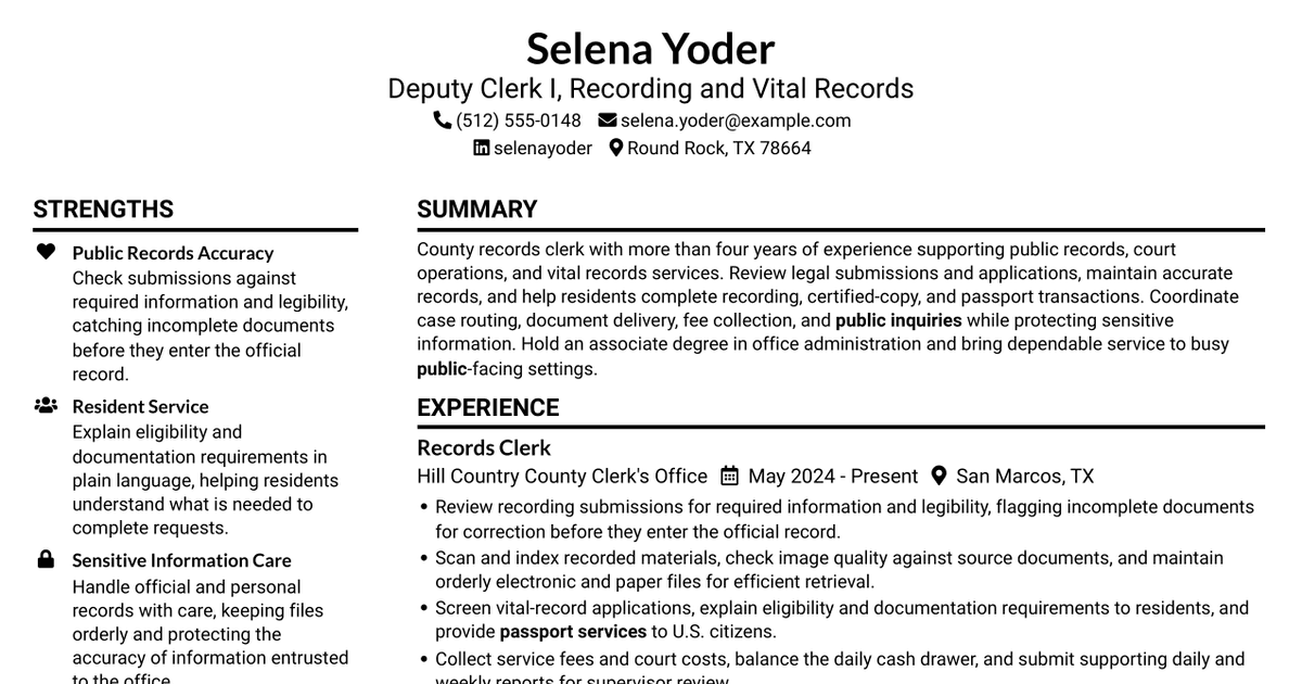7 Deputy Clerk I - Recording and Vital Records Resume Templates with Example