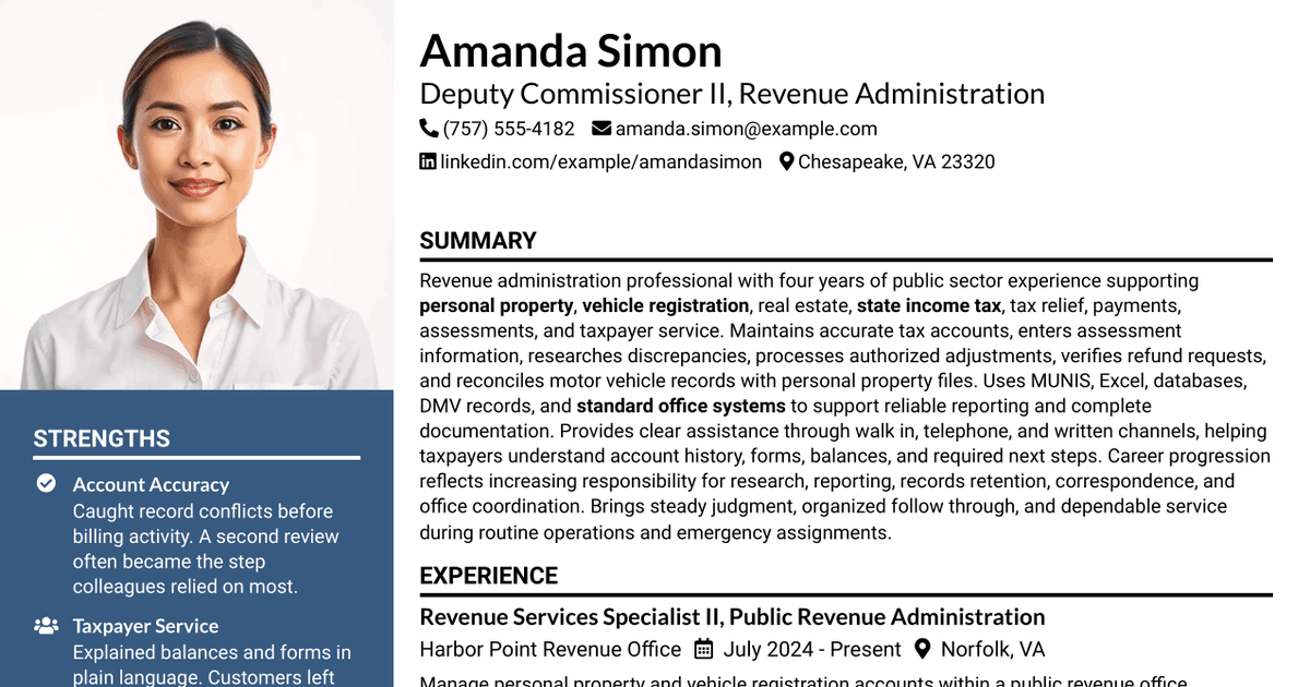 7 Deputy Commissioner II - Revenue Administration Resume Templates with Example
