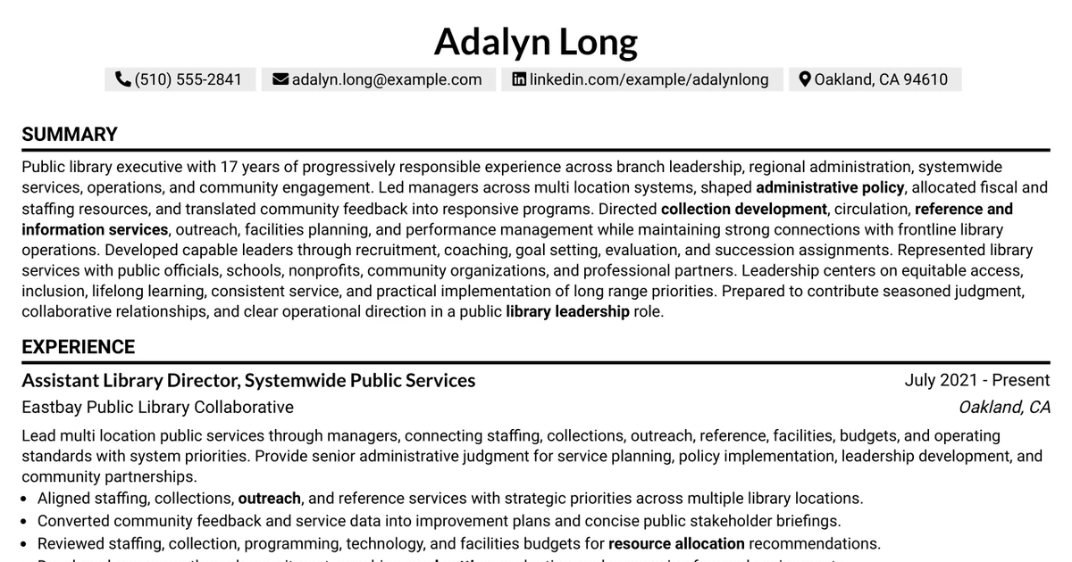33 Deputy County Librarian - Public Library Leadership Resume Templates with Example 2026 (ATS-Optimized)