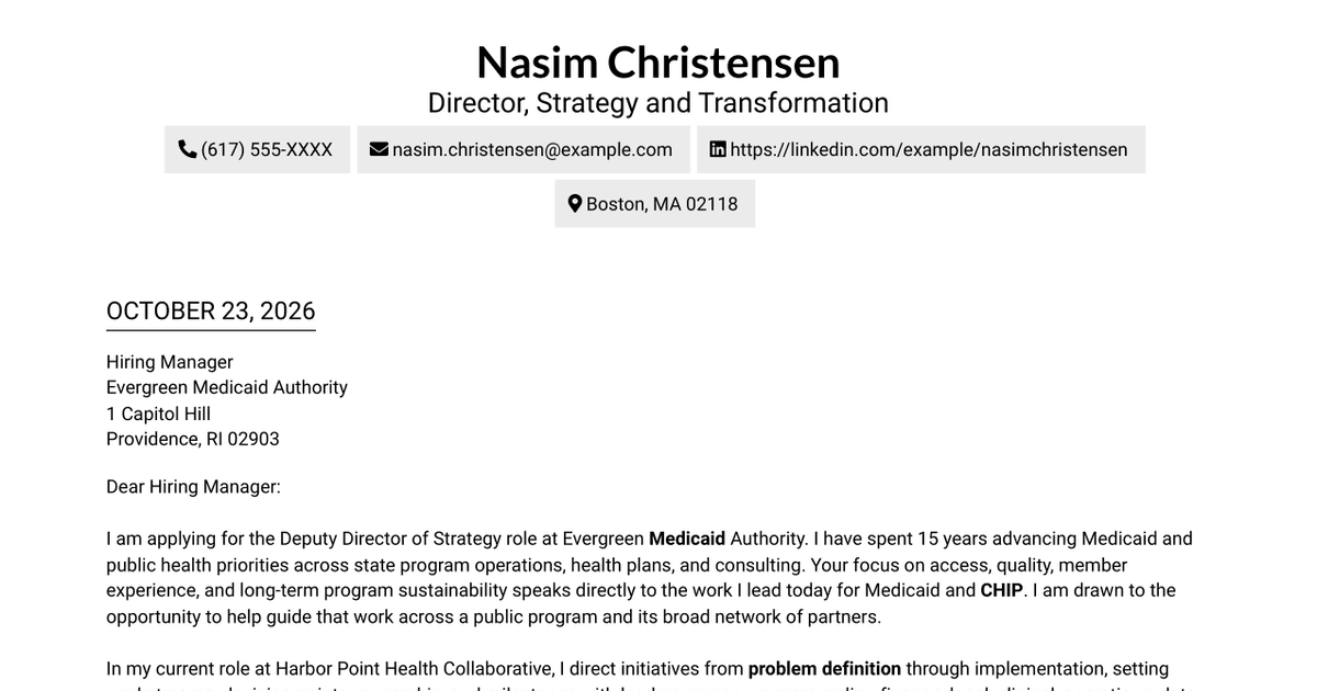 Deputy Director of Strategy - Medicaid Strategy Cover Letter