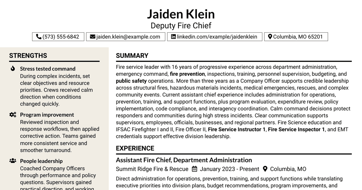 7 Deputy Fire Chief - Fire Department Administration Resume Templates with Example