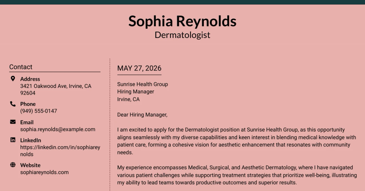 30+ Dermatologist Cover Letter Templates with Example 2026