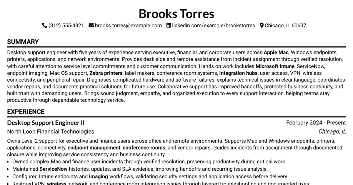 7 Desktop Support Engineer (Level 2) Resume Templates with Example
