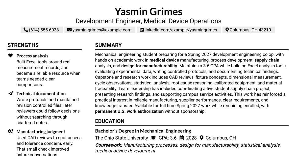 7 Development Engineer (GTO/SC) Co-Op Resume Templates with Example