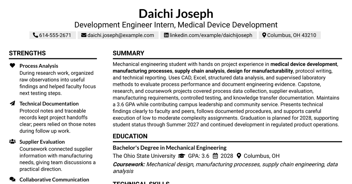 7 Development Engineer (GTO/SC) Intern Resume Templates with Example