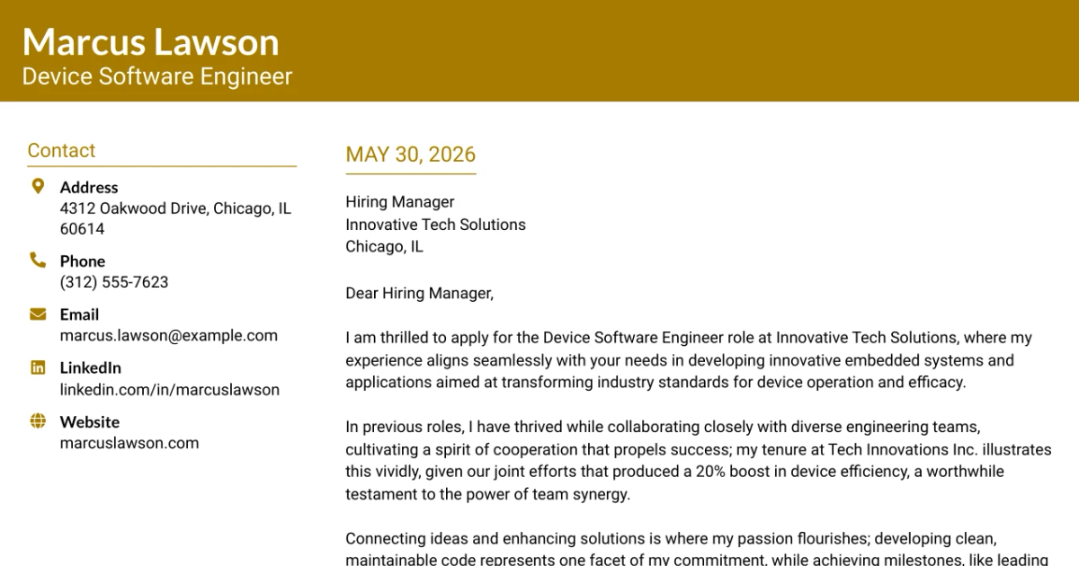 30+ Device Software Engineer Cover Letter Templates with Example 2026