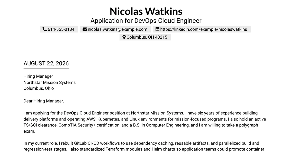 30+ DevOps Cloud Engineer Cover Letter Templates with Example 2026