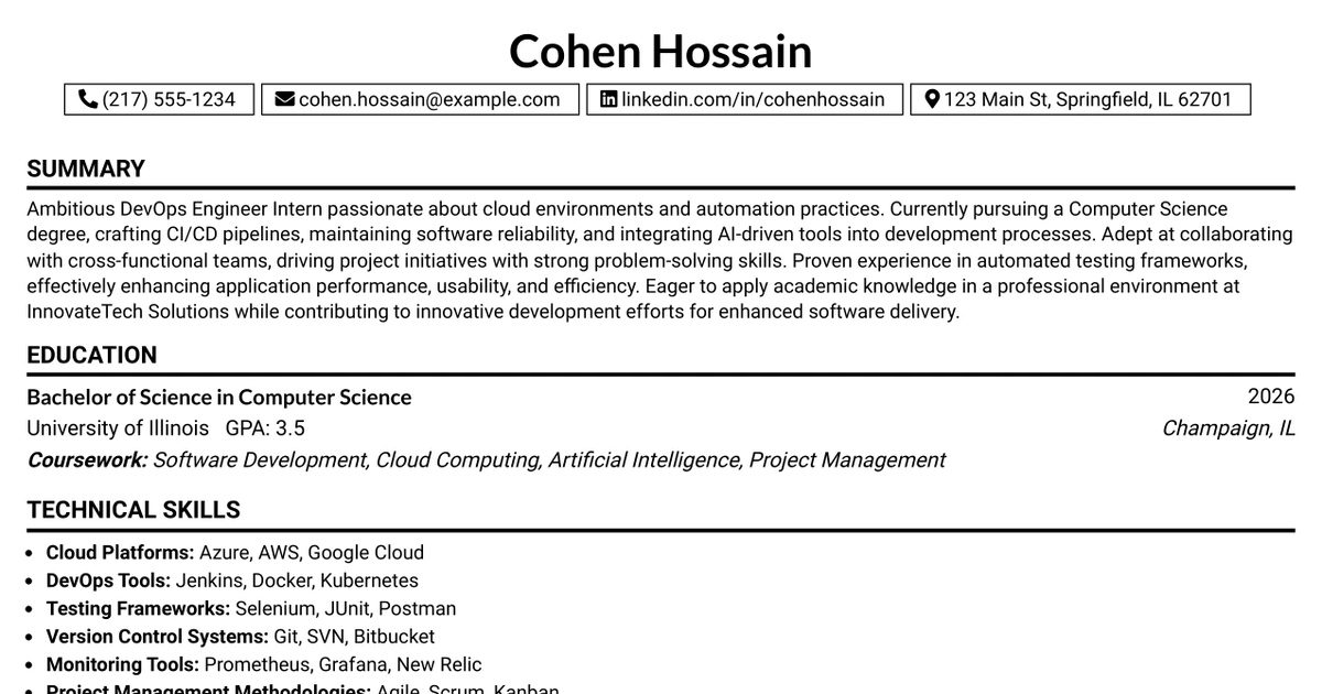 33 DevOps Engineer Intern Resume Templates with Example 2026 (ATS-Optimized)