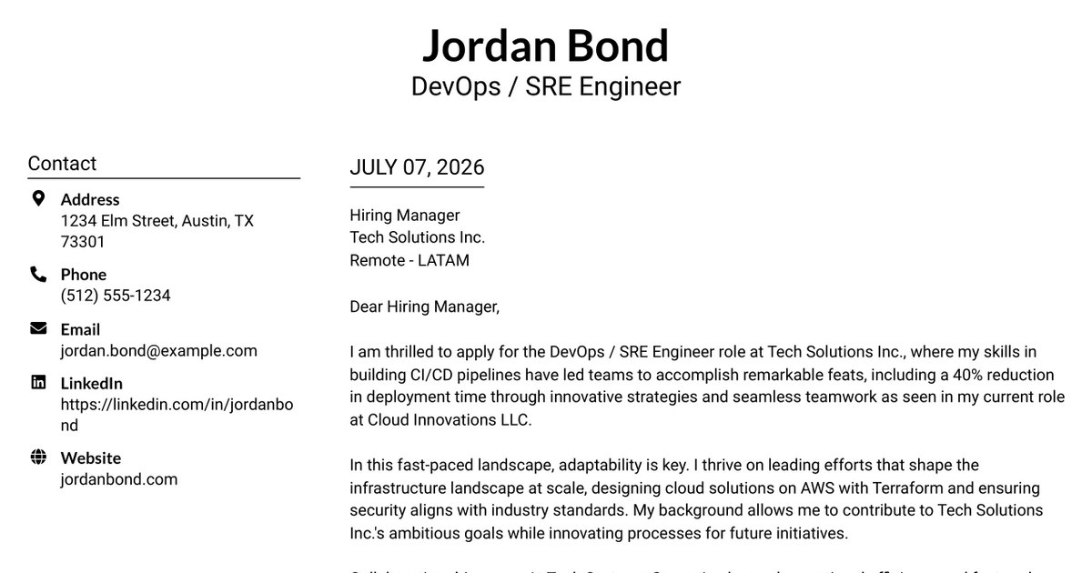 30+ DevOps / SRE Engineer Cover Letter Templates with Example 2026