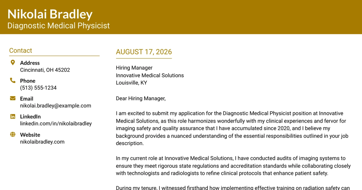 30+ Diagnostic Medical Physicist Cover Letter Templates with Example 2026
