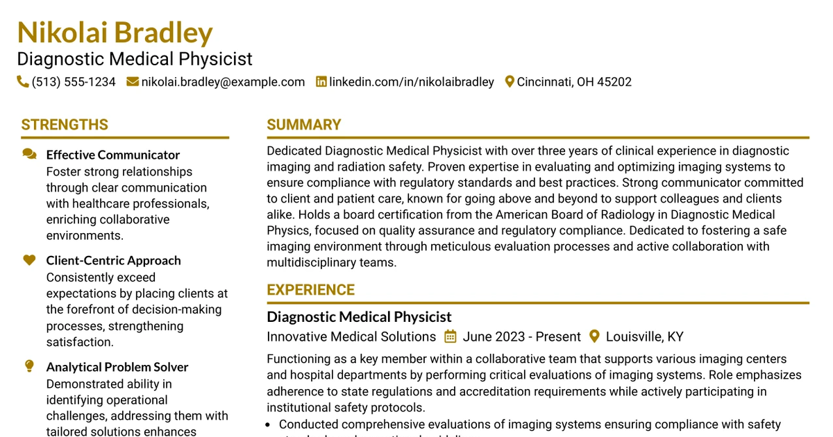 33 Diagnostic Medical Physicist Resume Templates with Example 2026 (ATS-Optimized)