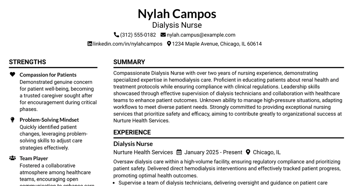 33 Dialysis Nurse Resume Templates with Example 2026 (ATS-Optimized)