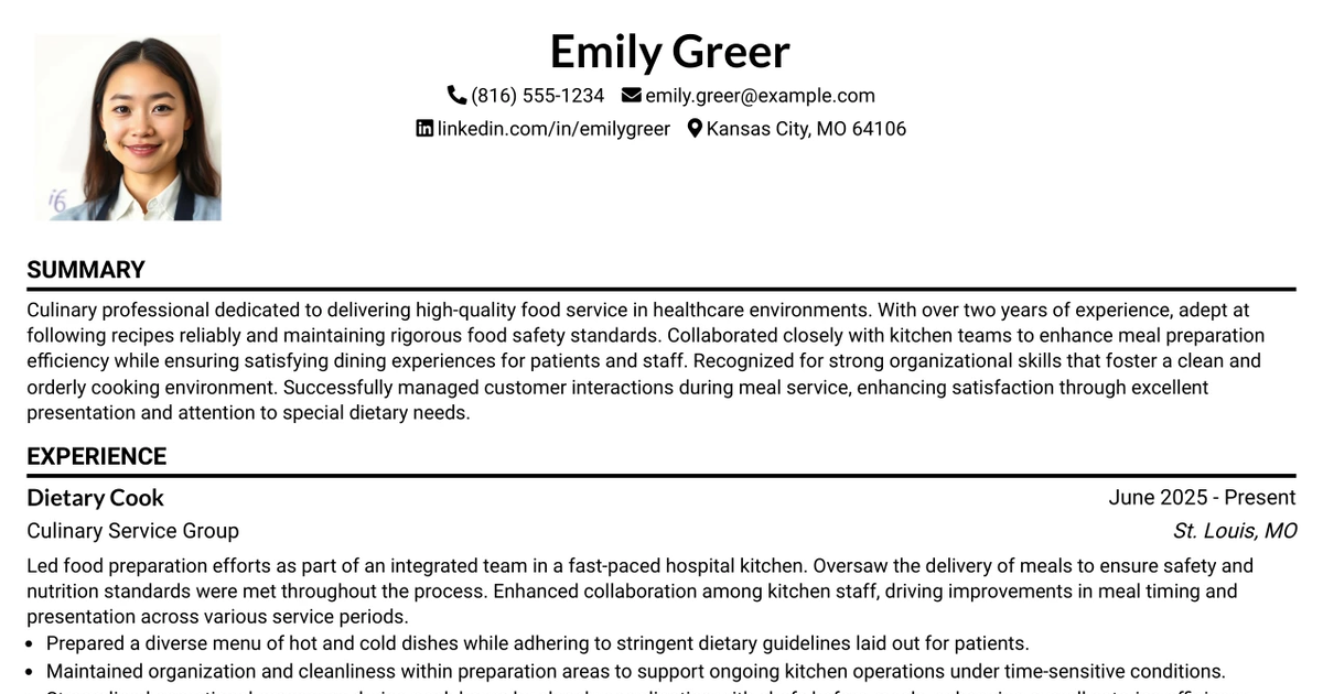 33 Dietary Cook Resume Templates with Example 2026 (ATS-Optimized)