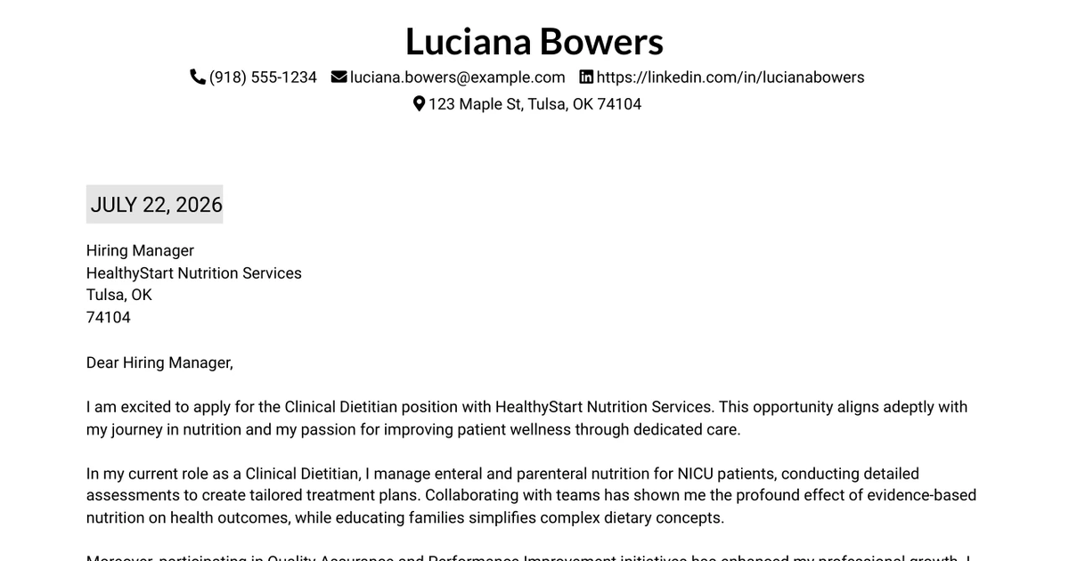 30+ DIETITIAN SPECIALIST - NICU Cover Letter Templates with Example 2026