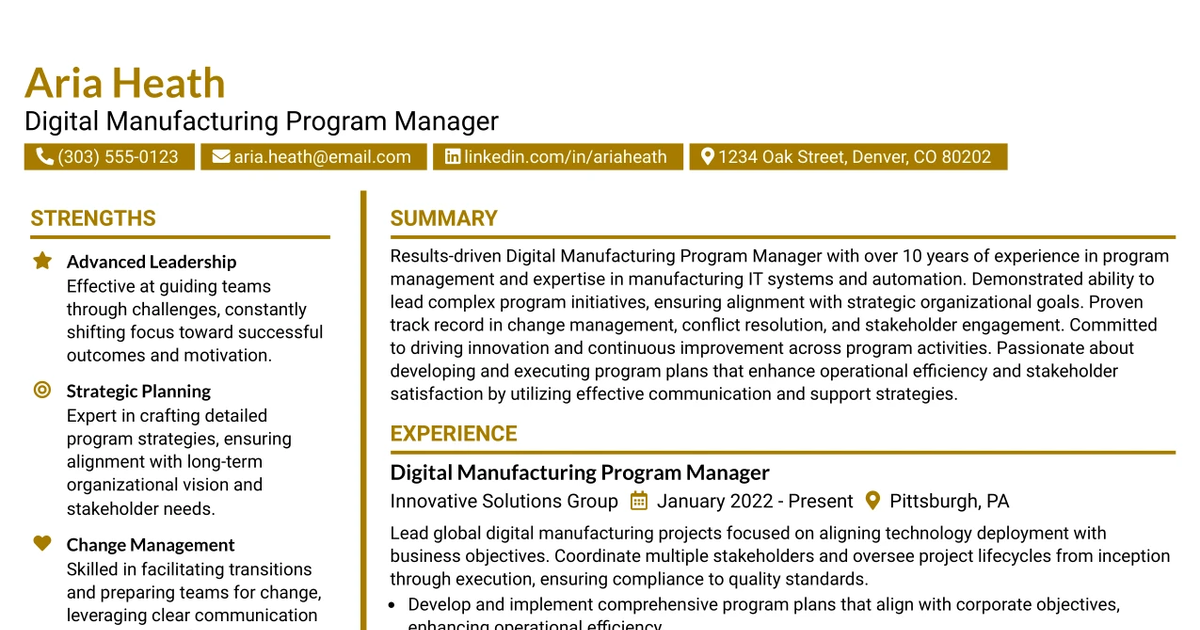 33 Digital Manufacturing IT Program Manager Resume Templates with Example 2026 (ATS-Optimized)