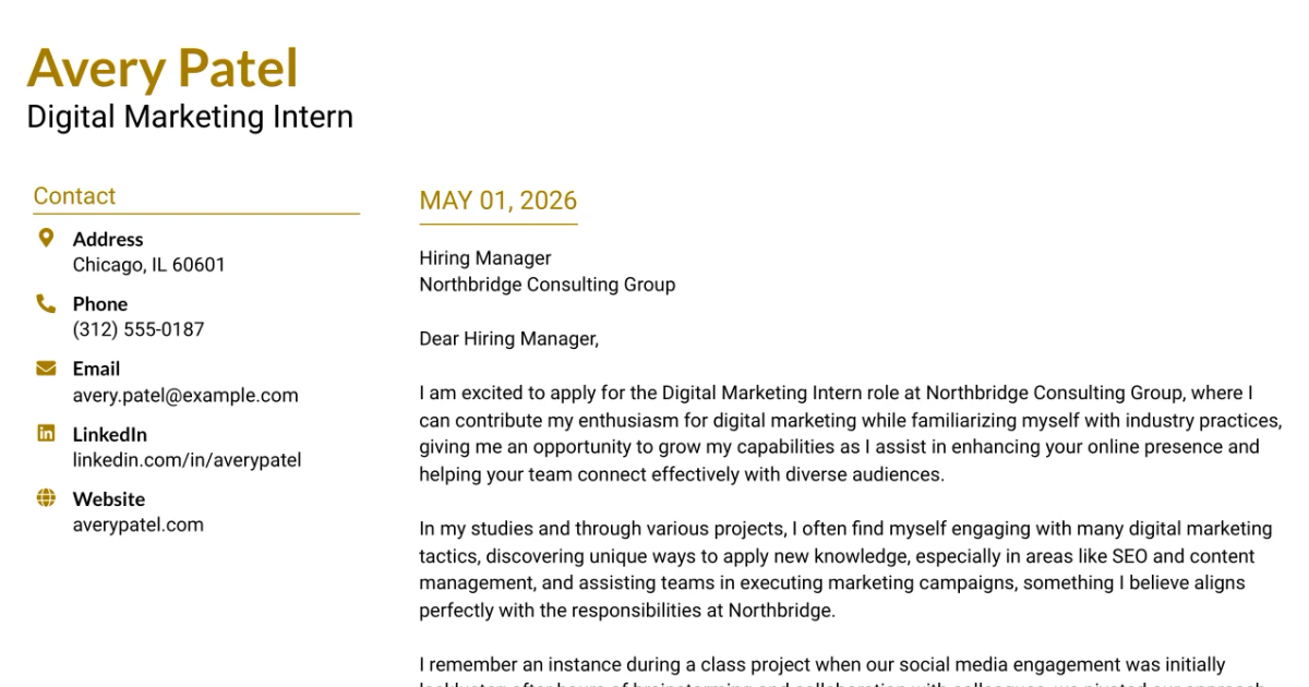 30+ Digital Marketing Internship Cover Letter Templates with Example 2026
