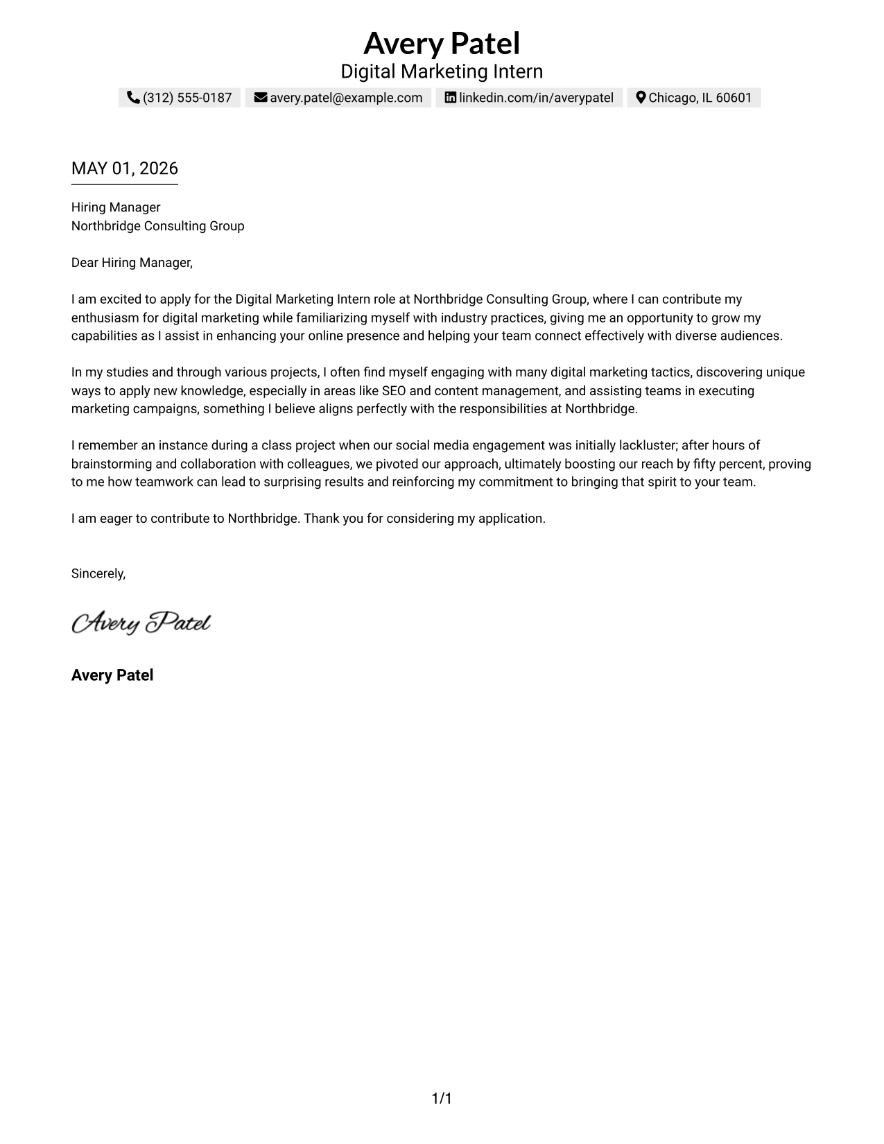Digital Marketing Intern Cover Letter Example