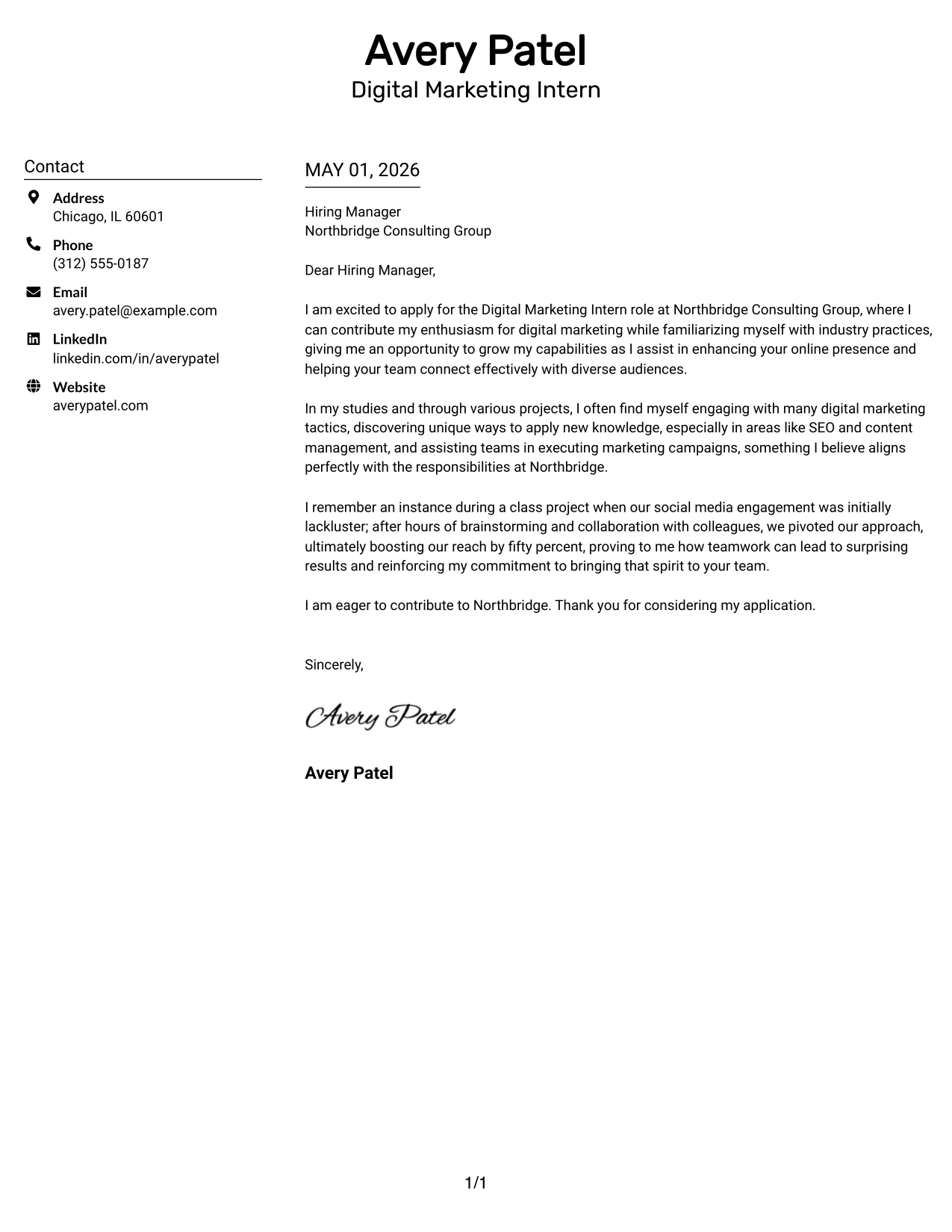Digital Marketing Intern Cover Letter Example Plain Two Column Format