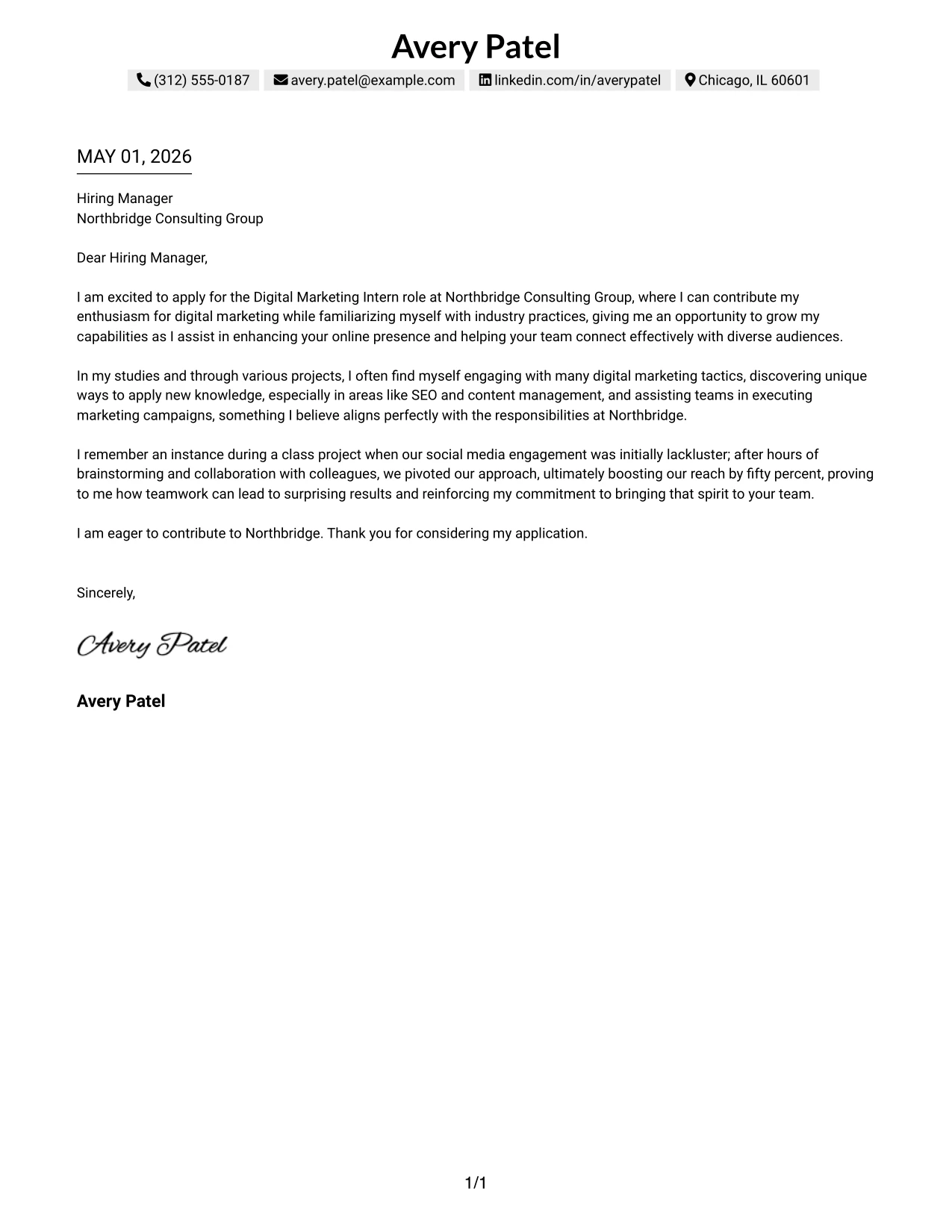 Digital Marketing Internship Cover Letter Example One Column Shaded Contact Header Format