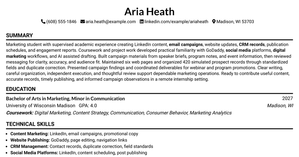 7 Digital Marketing Internship - Marketing Systems Resume Templates with Example