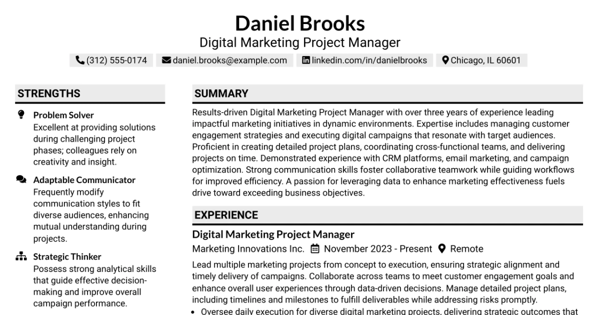 33 Digital Marketing Project Manager Resume Templates with Example 2026 (ATS-Optimized)