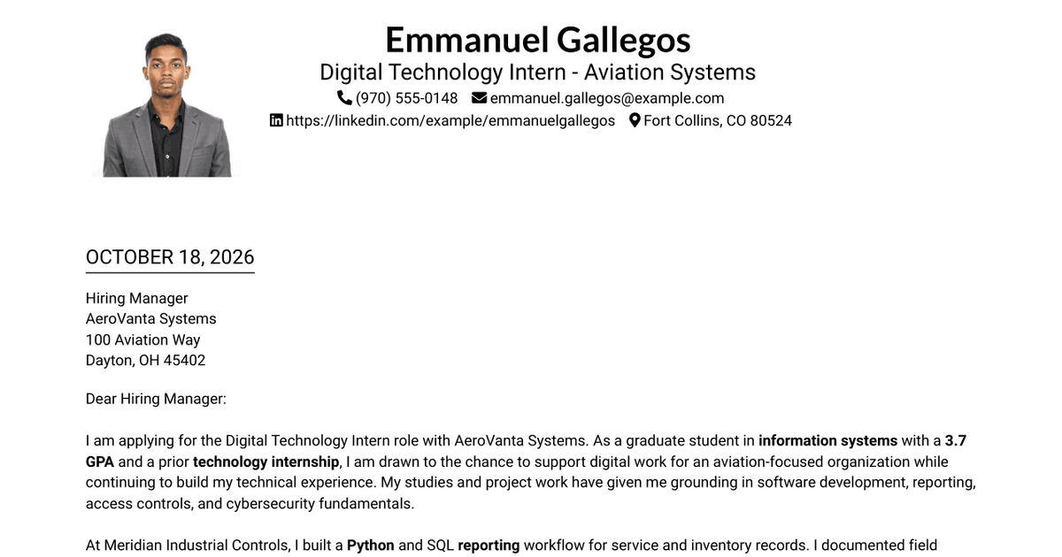 7 Digital Technology Intern - Aviation Systems Cover Letter Templates with Example