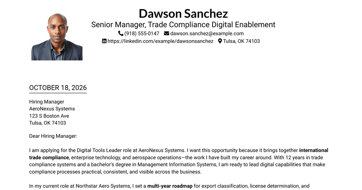 7 Digital Tools Leader - International Trade Compliance Cover Letter Templates with Example