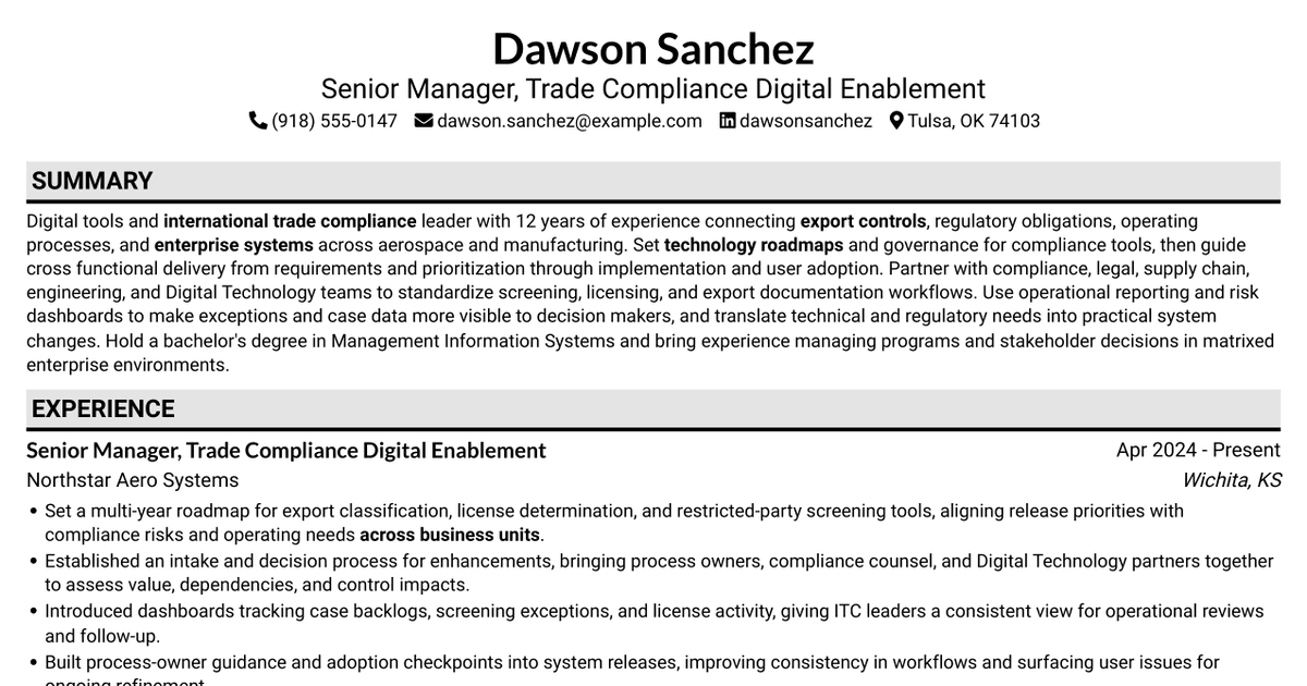 7 Digital Tools Leader - International Trade Compliance Resume Templates with Example