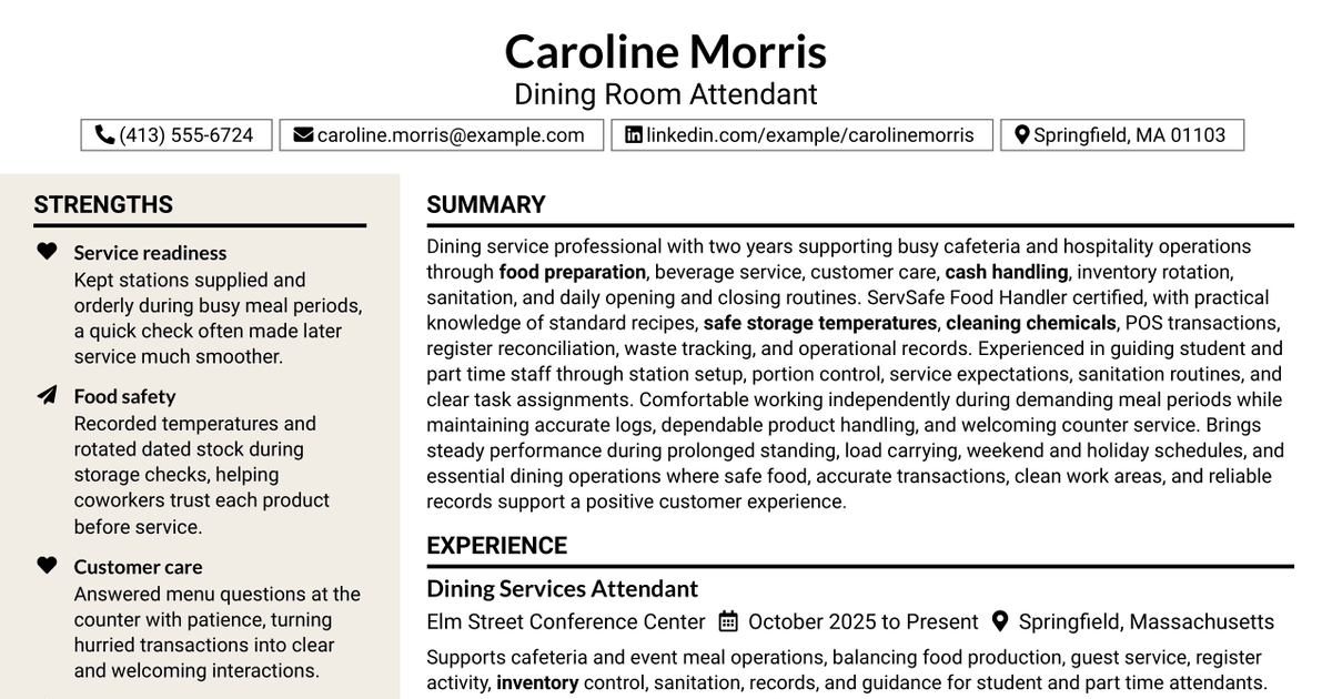 7 Dining Room Attendant Resume Templates with Example