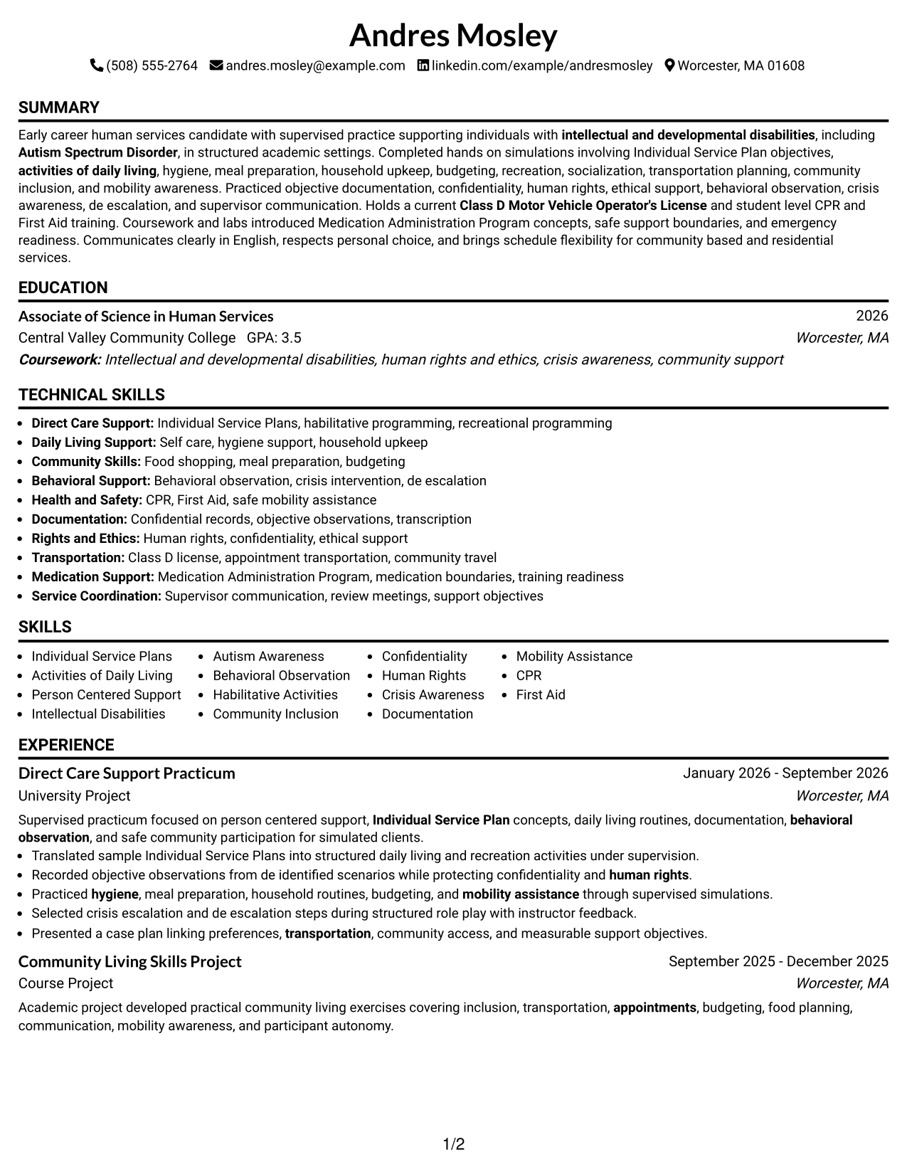 Resume Example Page 1