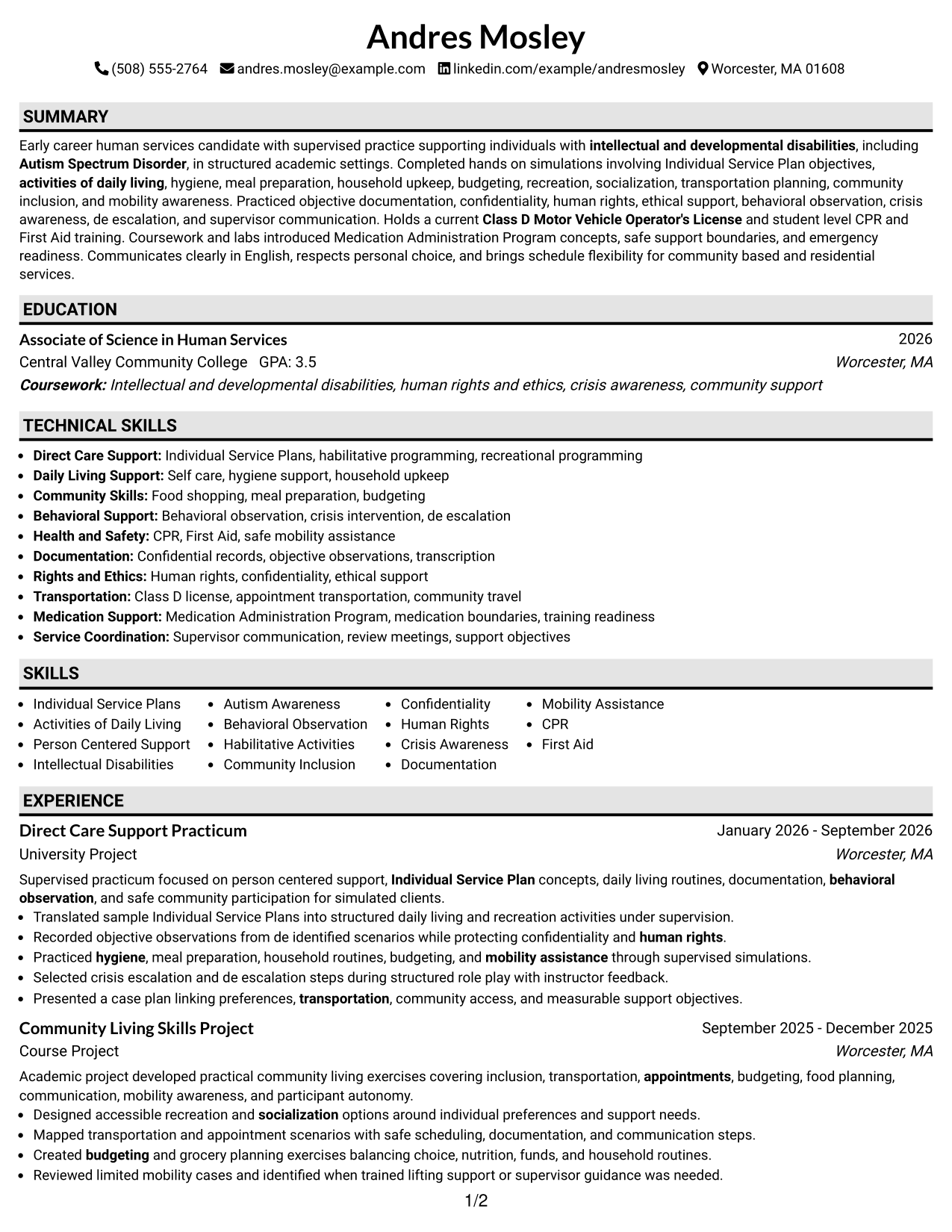 Resume Example Page 1