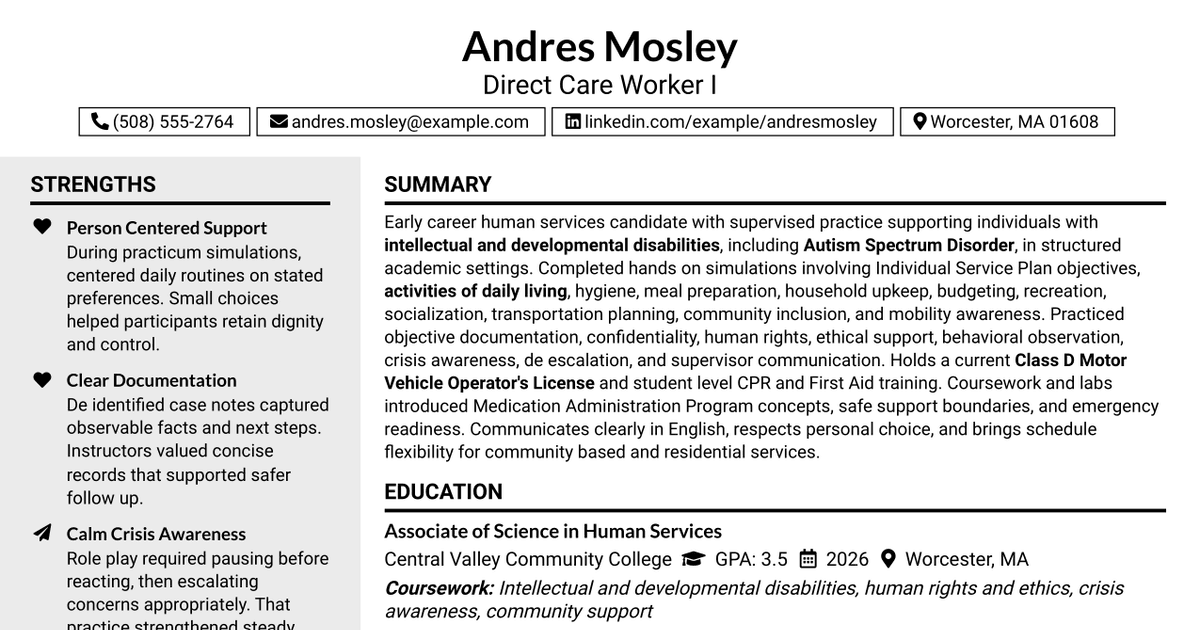 7 Direct Care Worker I Resume Templates with Example
