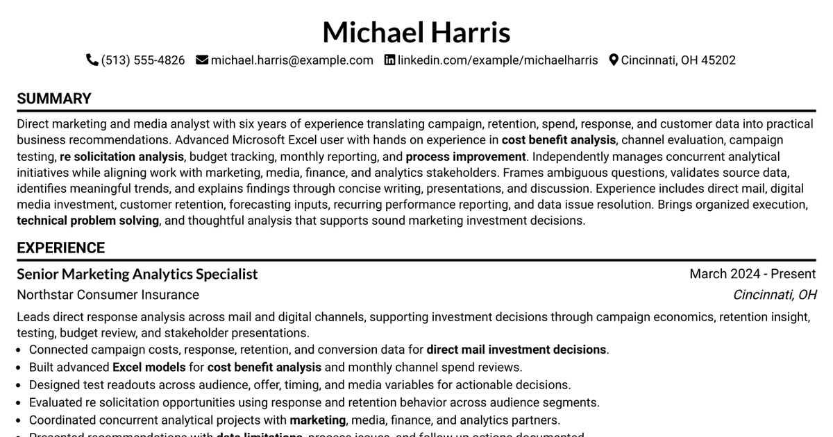 7 Direct Marketing Media Analyst Resume Templates with Example